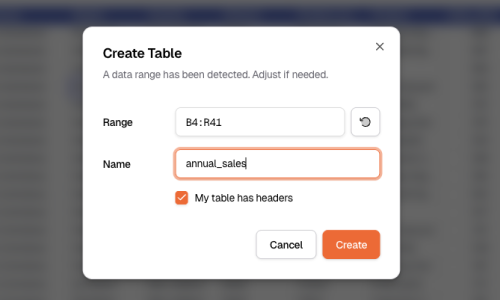 Create Table dialog