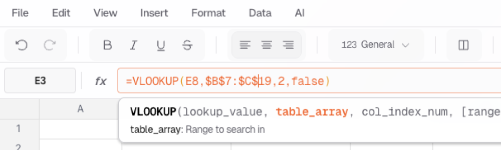 Formula bar showing a VLOOKUP formula