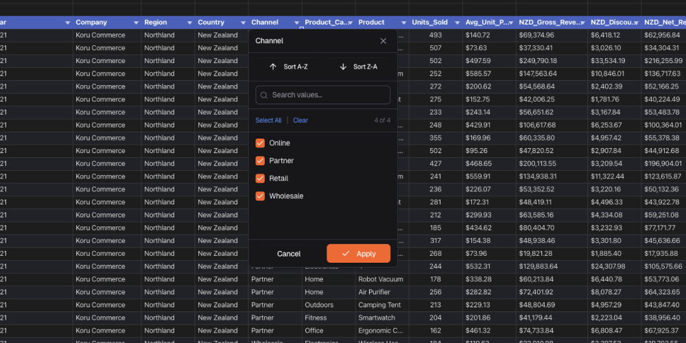 Table with filter dropdown open