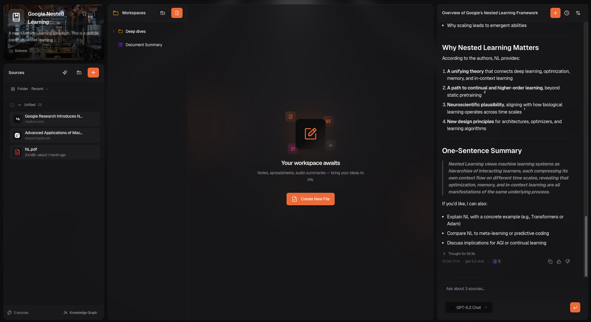 Notebook interface showing the three-panel layout